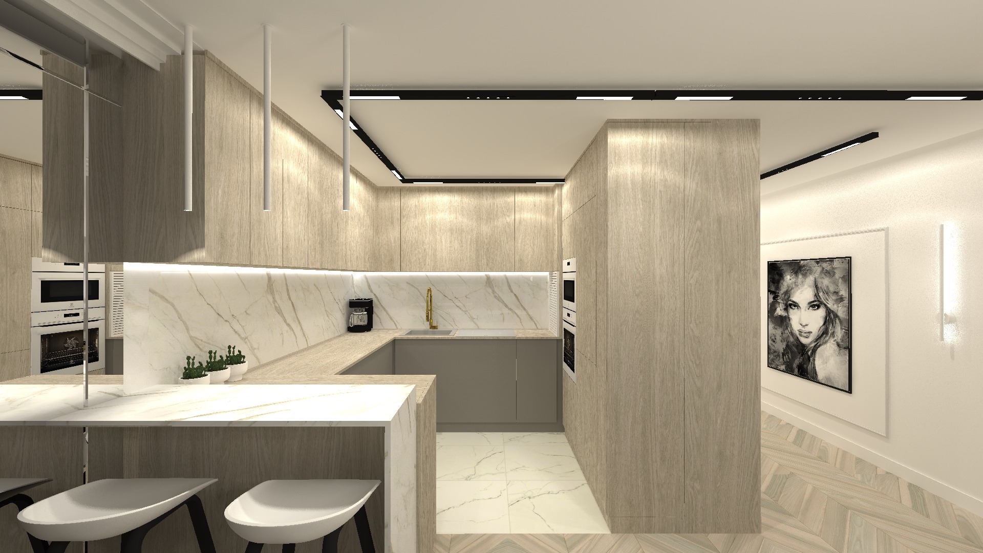 Wizualizacja nowoczesnej kuchni z marmurowym blatem, szarymi szafkami, białymi hokerami i oświetleniem punktowym; w tle widoczny korytarz z obrazem kobiety.
