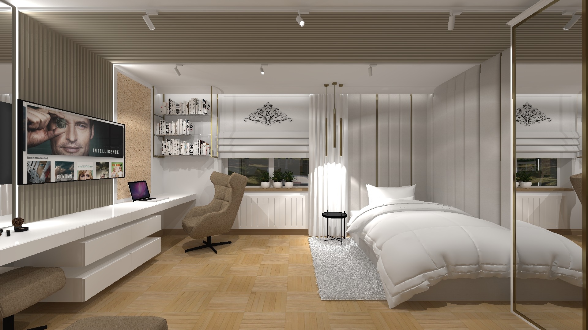 Wizualizacja sypialni z miejscem do pracy: białe meble, telewizor, biurko z laptopem, beżowe krzesło obrotowe, łóżko z białą pościelą, okno z roletami rzymskimi i dekoracyjnym ornamentem nad nim.