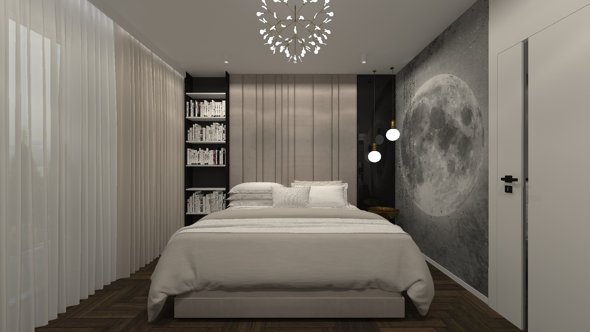 Nowoczesna sypialnia z łóżkiem, regałem z książkami, lampami wiszącymi i tapetą z motywem księżyca.