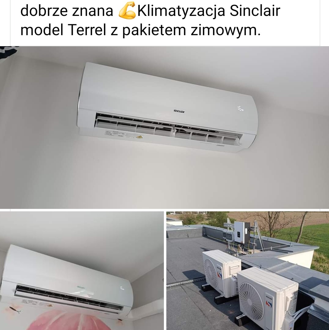 Biały klimatyzator Sinclair model Terrel zamontowany na ścianie w pomieszczeniu, widoczne także jednostki zewnętrzne na dachu.