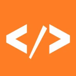 Pomarańczowe tło z białym symbolem kodu HTML: otwierający i zamykający nawias ostry z ukośnikiem. Prosty, nowoczesny design.