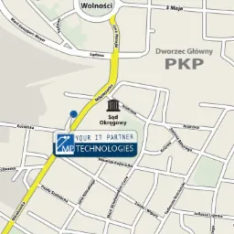 Mapa z zaznaczoną lokalizacją firmy IT: YOUR IT PARTNER MP TECHNOLOGIES, w pobliżu Sądu Okręgowego i ulic Mikołaja Kopernika, Pawła Stalmacha, Jana Kilińskiego i Marii Skłodowskiej-Curie.