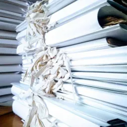 Stosy białych segregator&oacute;w z dokumentami, zabezpieczonych bawełnianymi tasiemkami, ułożone na drewnianym biurku, w tle kolejne stosy.