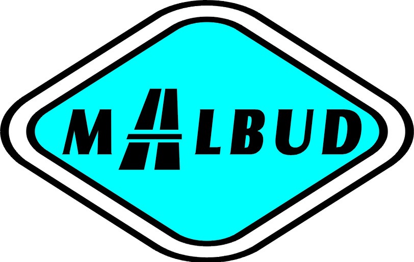 Logo firmy budowlanej MALBUD w kształcie rombu z turkusowym wypełnieniem i czarnym obramowaniem.