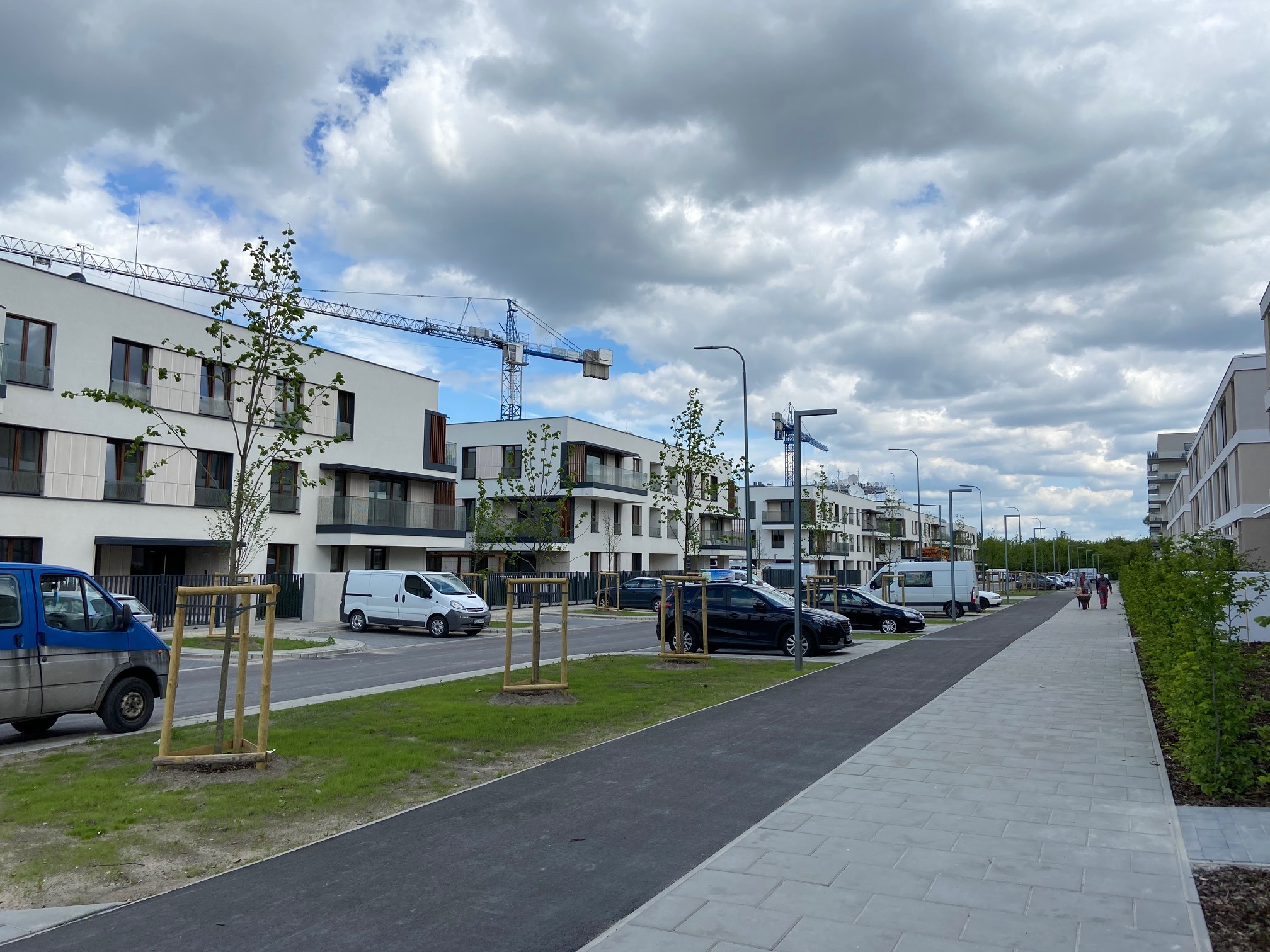 Nowe osiedle mieszkaniowe z chodnikiem wyłożonym szarą kostką brukową, świeżo posadzone drzewa zabezpieczone drewnianymi konstrukcjami, samochody zaparkowane wzdłuż drogi, w tle żurawie budowlane.