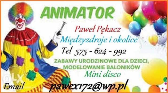 Ogłoszenie: kolorowy klaun z balonami, Paweł Pękacz, Międzyzdroje. Zabawy urodzinowe, modelowanie baloników i mini disco. Kontakt: tel. 575-624-992, pawex172@wp.pl.