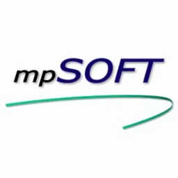 Logo firmy mpSOFT z czarnym napisem 'mp' i granatowym 'SOFT' nad zieloną, zakrzywioną linią, na białym tle.
