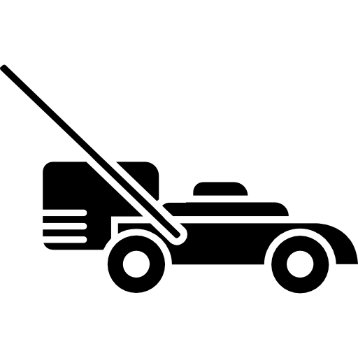 Czarna ikona kosiarki do trawy z długim uchwytem, widok z boku.