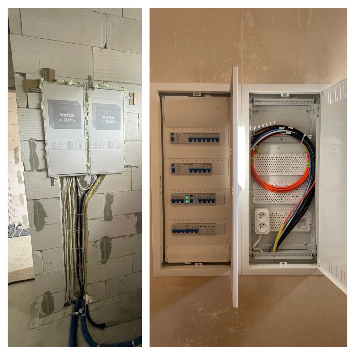Dwa białe panele elektryczne marki Volta przymocowane do ściany z betonu komórkowego, zabezpieczone pianką montażową; obok otwarta skrzynka rozdzielcza z widocznymi bezpiecznikami, gniazdkami...