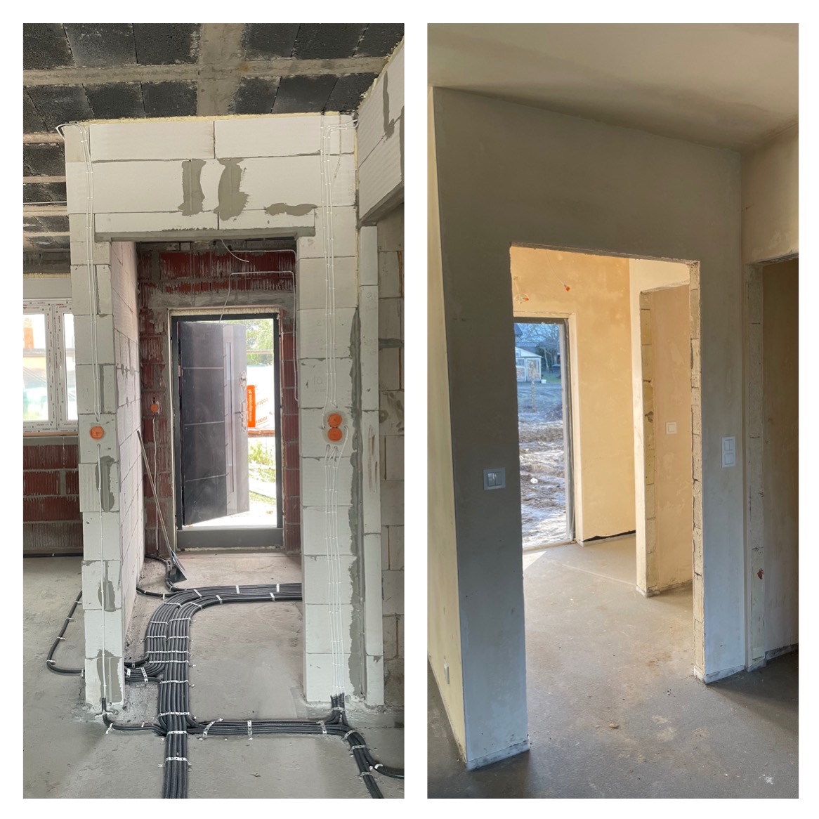 Dwa ujęcia wnętrza w trakcie remontu: po lewej surowe ściany z widocznymi przewodami elektrycznymi i puszkami, po prawej ściany po gładzi, widoczne gniazdka i włączniki.