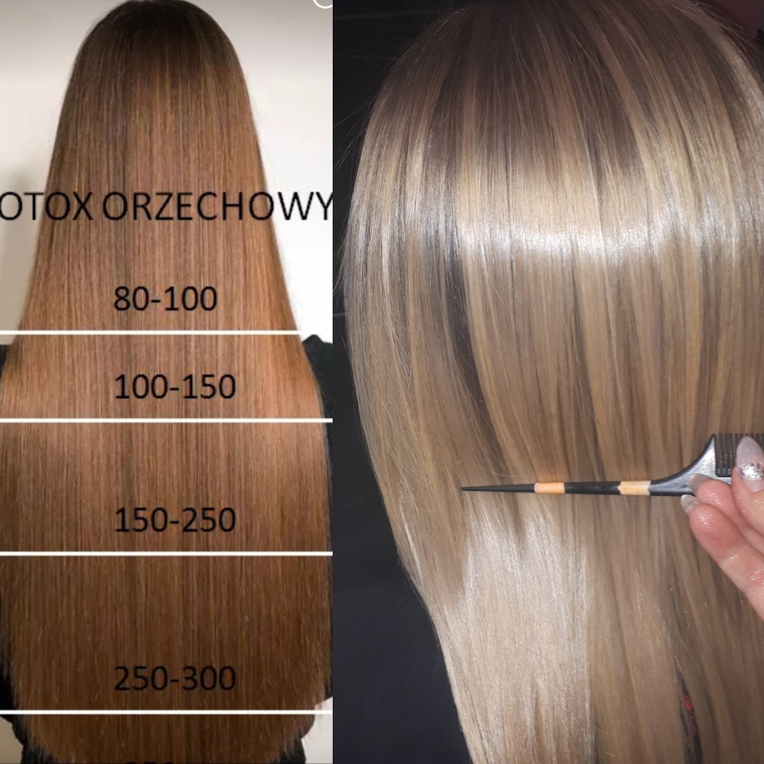 Porównanie włosów przed i po zabiegu: po lewej włosy przed, z opisem długości, po prawej włosy po zabiegu, rozczesywane grzebieniem z pomarańczowymi paskami.