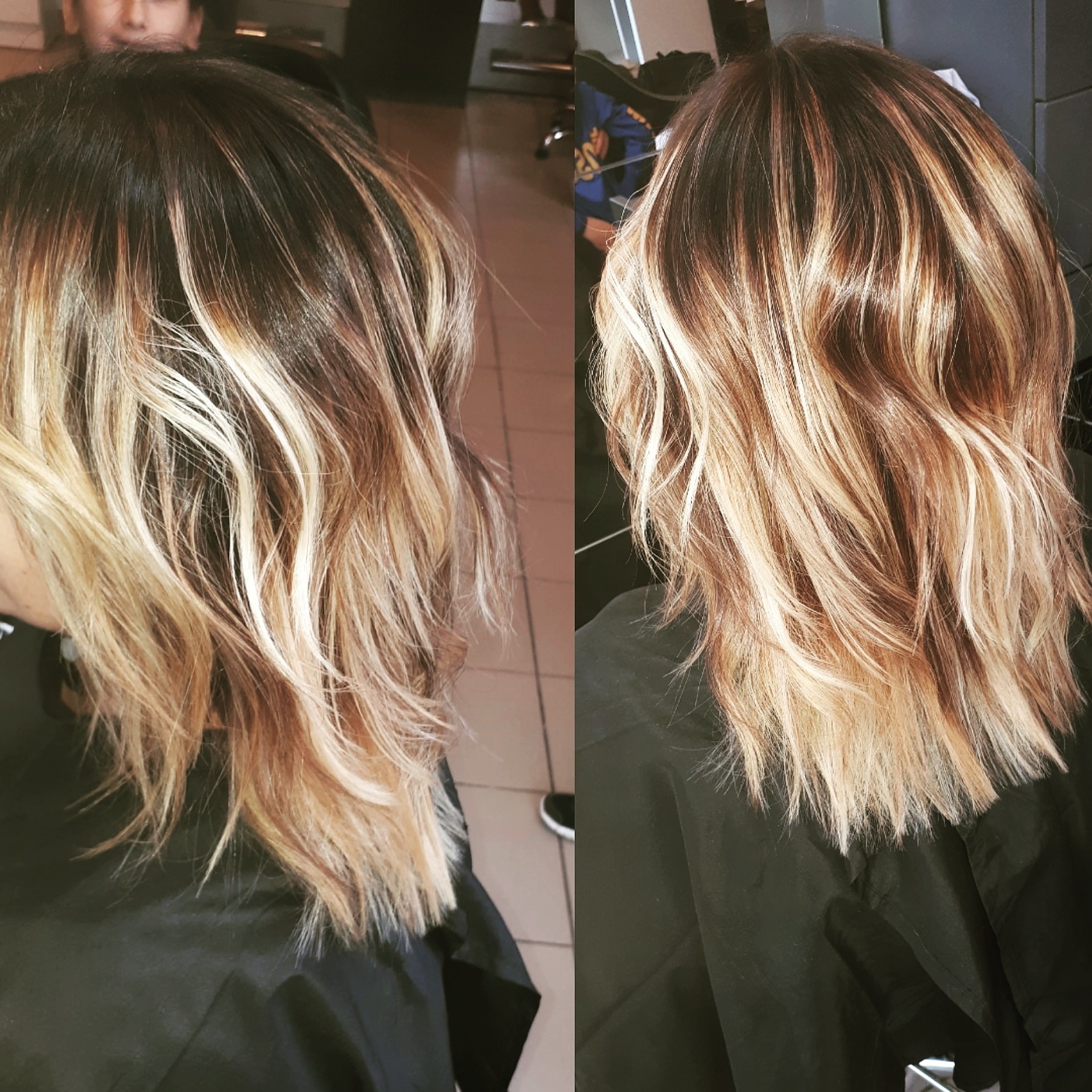 Dwa ujęcia włosów po koloryzacji sombre z pasemkami blond i brąz, widoczne od tyłu na tle salonu.