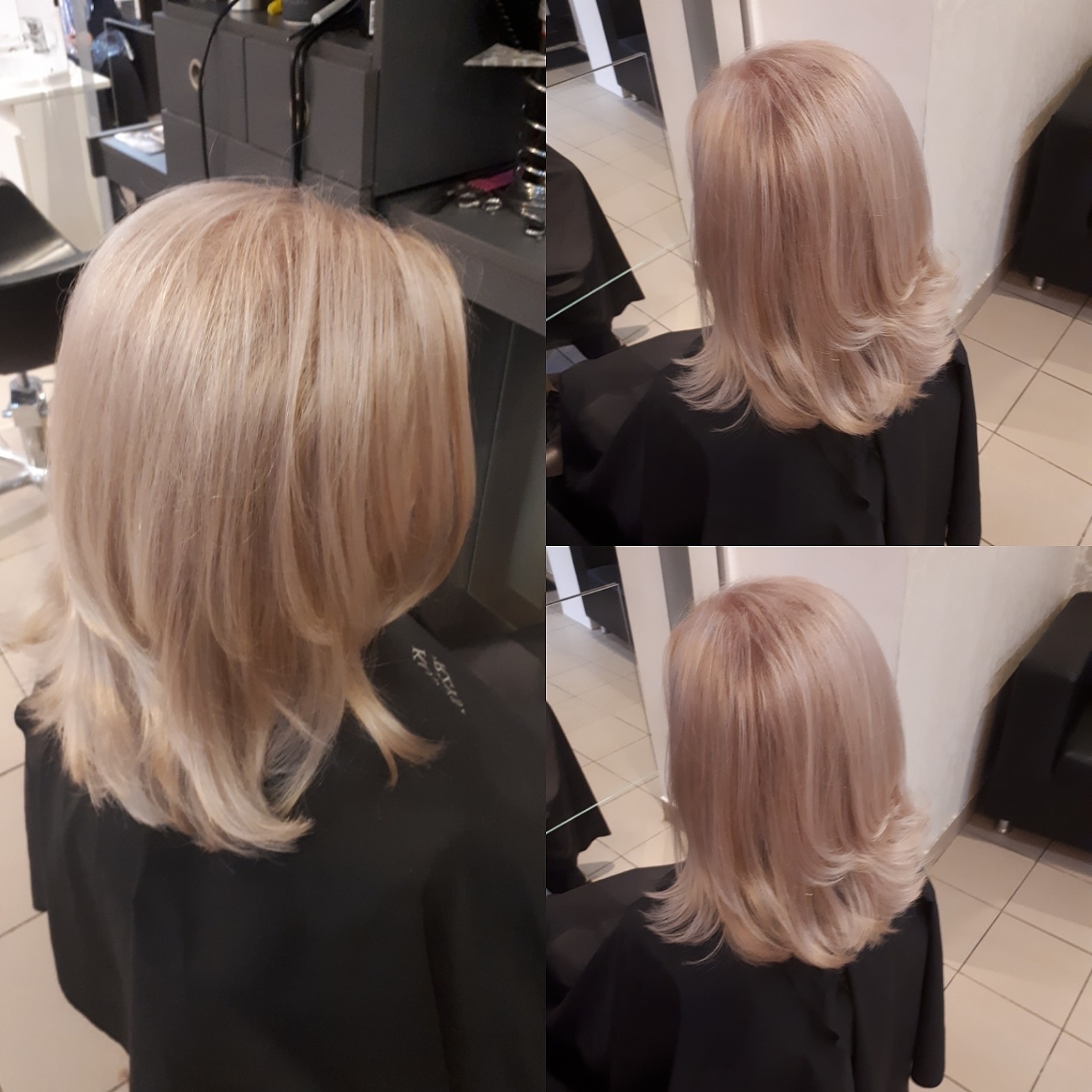 Wielokrotne ujęcie świeżo ostrzyżonych, blond włosów z delikatnymi refleksami, widocznych z tyłu na tle salonu.