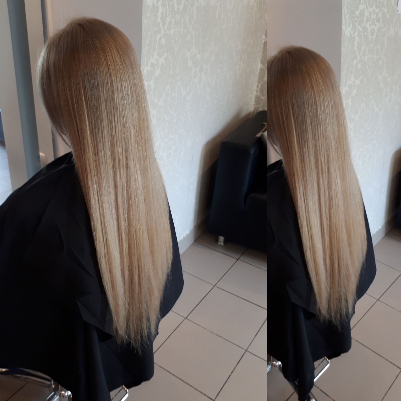 Dwa ujęcia tej samej osoby po koloryzacji włosów na jasny blond, włosy proste, długie, opadające na ramiona, widoczne czarne okrycie ochronne na fotelu.