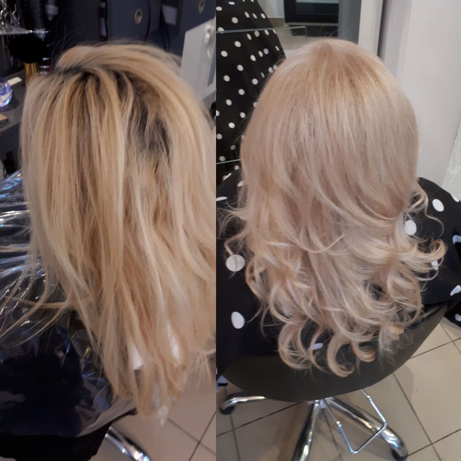 Porównanie włosów przed i po koloryzacji: odrosty i matowe blond pasma kontra odświeżony, perłowy blond z delikatnymi falami.
