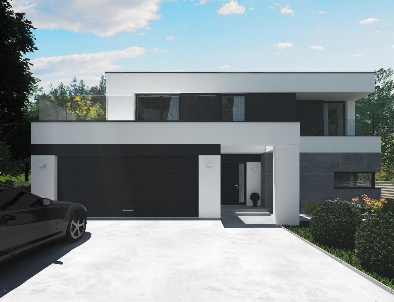 Nowoczesny dom z płaskim dachem, czarną bramą garażową i szklaną balustradą balkonu, widok z przodu z samochodem na podjeździe.