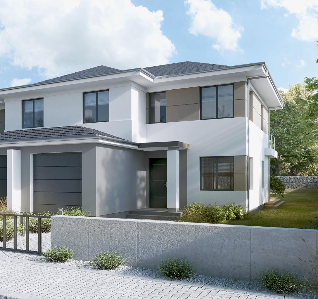 Nowoczesny dom murowany z garażem, wykończony w bieli i szarości, z płaskim dachem i minimalistycznym ogrodzeniem z betonu architektonicznego.