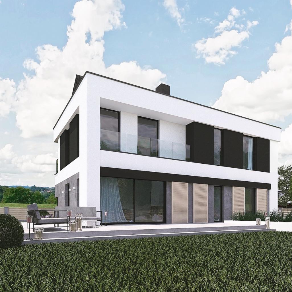 Wizualizacja nowoczesnego, dwukondygnacyjnego domu z płaskim dachem, białymi ścianami i czarnymi akcentami, z tarasem wyposażonym w szarą sofę i stolik, otoczona starannie przystrzyżonym trawnikiem.