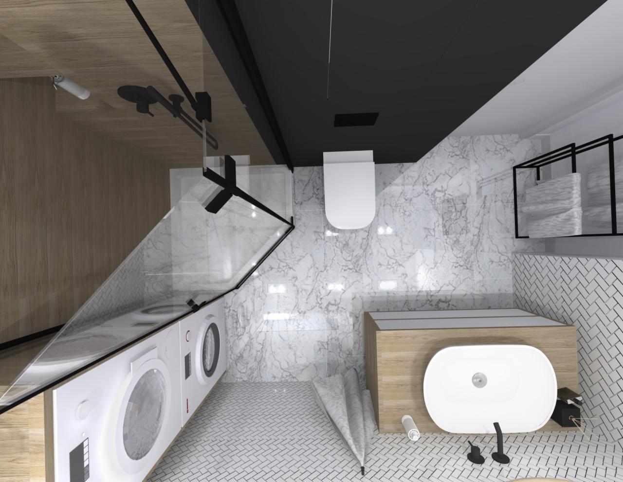 Wizualizacja nowoczesnej łazienki z pralkami ukrytymi pod blatem, kabina prysznicowa ze szklanym panelem, umywalka nablatowa i marmurowe płytki na ścianach.