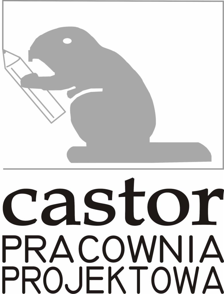 Logo pracowni projektowej: szary bóbr trzymający ołówek, poniżej nazwa 'castor PRACOWNIA PROJEKTOWA'.