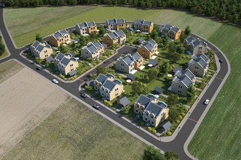 Wizualizacja osiedla domów jednorodzinnych z lotu ptaka, z widocznymi drogami dojazdowymi, zagospodarowaniem terenu zielenią i zaparkowanymi samochodami.