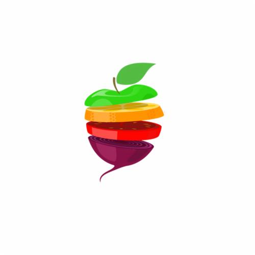 Stylizowana grafika warstwowa: plaster zielonego jabłka, pomarańczy, pomidora i buraka, ułożone w kształt owocu.