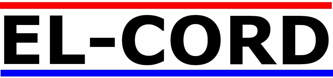 Logo firmy EL-CORD z czarnym napisem na białym tle, obramowane czerwoną linią u góry i niebieską u dołu.