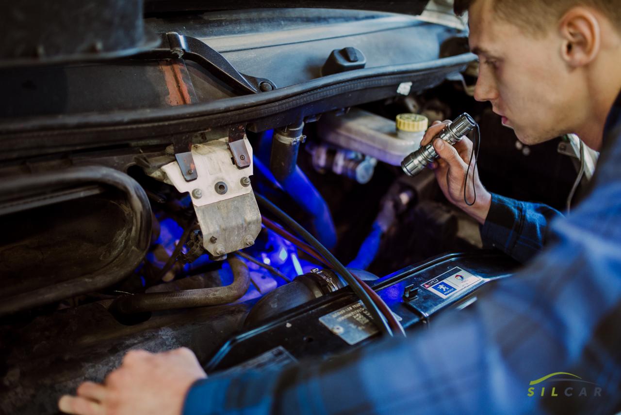 Młody mechanik w niebieskiej koszuli w kratę, z profilu, oświetla latarką komorę silnika samochodu, widoczne przewody, zbiornik płynu hamulcowego i akumulator z naklejką Peugeot.