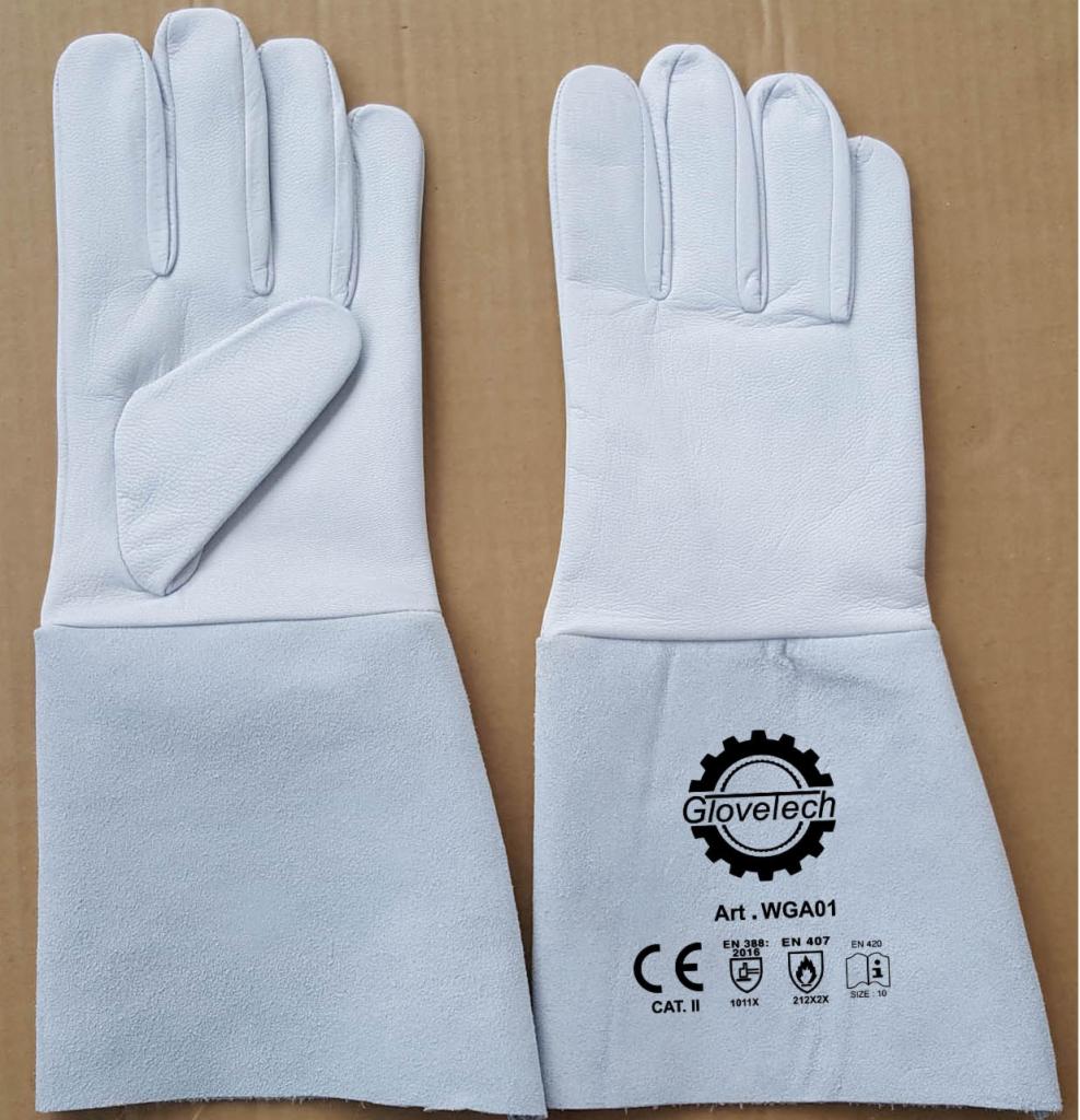 Dwie białe skórzane rękawice robocze z długimi mankietami, widoczne oznaczenia CE i logo Glovelech, rozmiar 10.