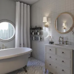 Jasna łazienka w stylu klasycznym z wanną na nóżkach, okrągłym oknem z widokiem na miasto, białymi kaflami na ścianach i szafkami z umywalkami w kremowym kolorze.