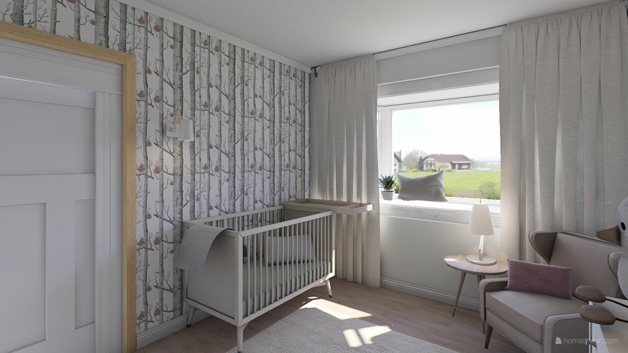 Jasny pokój dziecięcy z łóżeczkiem, fotelikiem i tapetą w brzozy, widok na wiejski krajobraz za oknem.