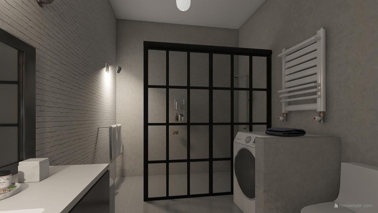 Nowoczesna łazienka w Lublinie z kabiną prysznicową w stylu loft, pralką zabudowaną w betonowym blacie i grzejnikiem drabinkowym.