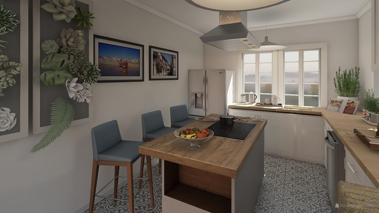 Jasna kuchnia z wyspą, trzema hokerami w kolorze gołębim, okapem nad płytą grzewczą, dekoracjami roślinnymi na ścianie i dwoma obrazami przedstawiającymi sceny morskie.