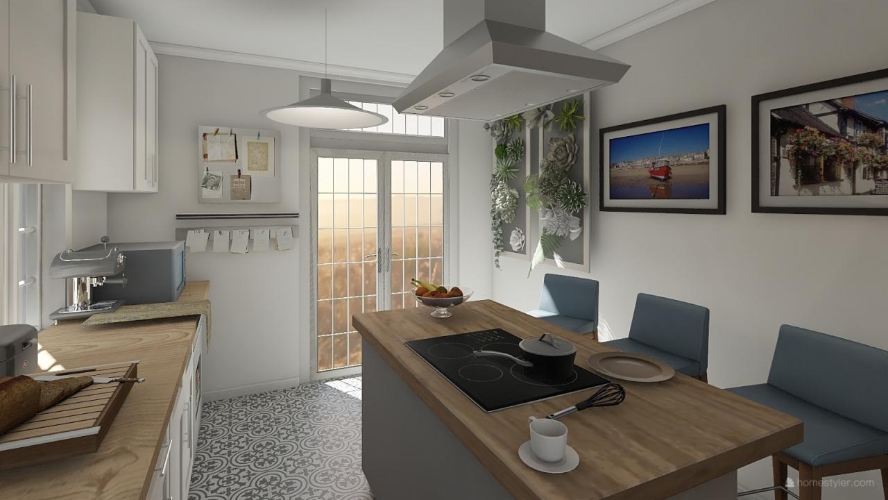 Jasna kuchnia z wyspą, na której znajduje się płyta indukcyjna z garnkiem, filiżanka kawy i miska owoców. Nad wyspą wisi nowoczesny okap. Na ścianie wiszą obrazy i pionowy panel z sukulentami.