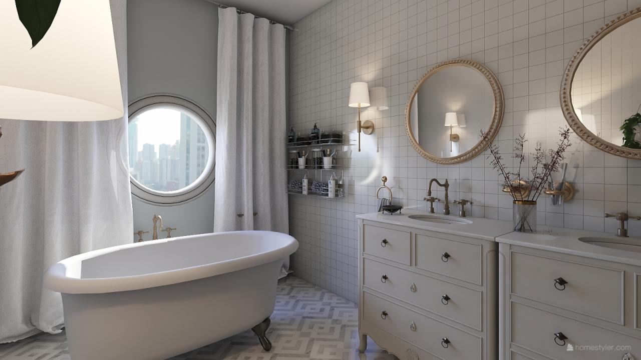 Jasna łazienka w stylu klasycznym z wanną na nóżkach, okrągłym oknem z widokiem na miasto, białymi kaflami na ścianach i szafkami z umywalkami w kremowym kolorze.