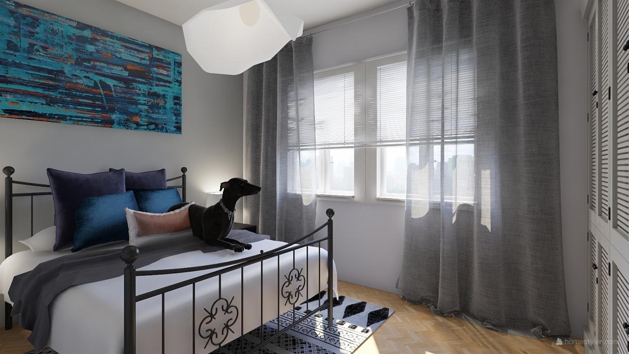 Sypialnia z metalowym łóżkiem, ciemnymi poduszkami, abstrakcyjnym obrazem na ścianie i psem rasy chart włoski leżącym na łóżku