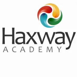 Logo Haxway Academy z abstrakcyjnym symbolem w kształcie wiru z kolorowych segmentów (czerwony, żółty, niebieski, zielony) nad nazwą firmy zapisaną czarną czcionką.
