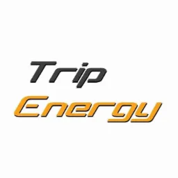 Grafika z napisem 'Trip Energy', czarny napis 'Trip' nad pomarańczowym napisem 'Energy' na białym tle. Prosty, nowoczesny font.