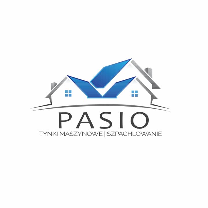 Logo firmy PASIO z motywem domu i tekstem 'Tynki Maszynowe | Szpachlowanie'.