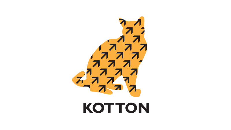 Grafika przedstawia sylwetkę siedzącego kota w kolorze pomarańczowym, wypełnioną wzorem z czarnych strzałek skierowanych w górę i w prawo, poniżej napis 'KOTTON' w kolorze czarnym.