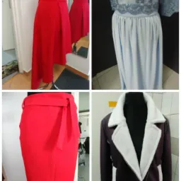 Kolaż czterech zdjęć odzieży: czerwona sukienka na manekinie z widocznym odbiciem w lustrze, jasnoniebieska suknia wieczorowa z srebrnymi zdobieniami, czerwona sp&oacute;dnica z wiązaniem oraz kr&oacute;tka...