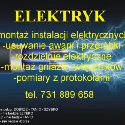 Reklama usług elektrycznych: montaż instalacji, usuwanie awarii, rozdzielnie, gniazda, włączniki, pomiary z protokołami, numer telefonu.