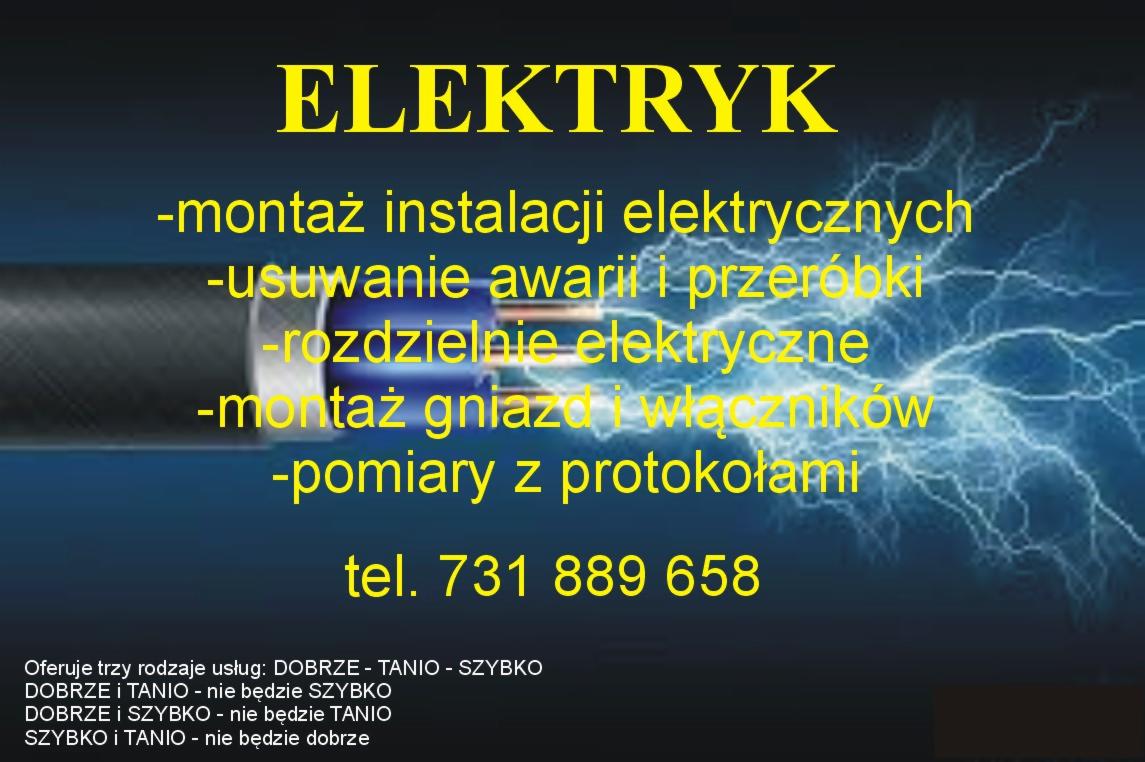 Reklama usług elektrycznych: montaż instalacji, usuwanie awarii, rozdzielnie, gniazda, włączniki, pomiary z protokołami, numer telefonu.
