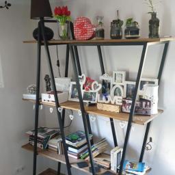 Daniel Rogala - Trzypoziomowy regał o konstrukcji stalowej z drewnianymi półkami, wypełniony książkami, ramkami na zdjęcia i dekoracjami w stylu domowym, ustawiony przy białej ścianie.