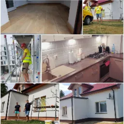 Montaż drewnianej podłogi z listwami przypodłogowymi, pracownik na rusztowaniu przy elewacji budynku, wykończona kuchnia z brązowym blatem, malowanie elewacji domu z rusztowania.