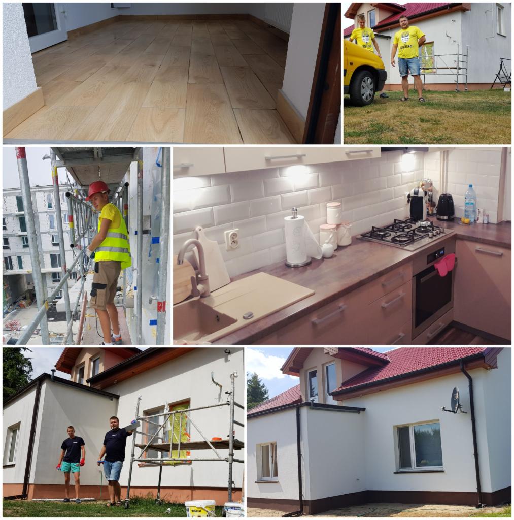 Montaż drewnianej podłogi z listwami przypodłogowymi, pracownik na rusztowaniu przy elewacji budynku, wykończona kuchnia z brązowym blatem, malowanie elewacji domu z rusztowania.