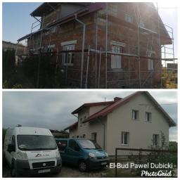 El-bud Paweł Dubicki - Dom w trakcie i po renowacji elewacji: widok rusztowania na nieotynkowanej fasadzie z cegły oraz gotowa, jasna elewacja z pojazdami firmy.