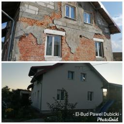 El-bud Paweł Dubicki - Porównanie stanu elewacji domu przed i po remoncie: od surowej cegły i odpadającego tynku do gładkiej, jednolitej powierzchni w odcieniach szarości.