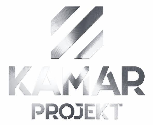 Metaliczne logo firmy KAMAR PROJEKT na białym tle, z abstrakcyjnym znakiem graficznym w górnej części.