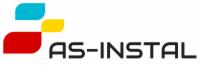 Logo firmy AS-INSTAL z abstrakcyjnym symbolem z kolorowych kwadratów i nazwą w nowoczesnej czcionce.